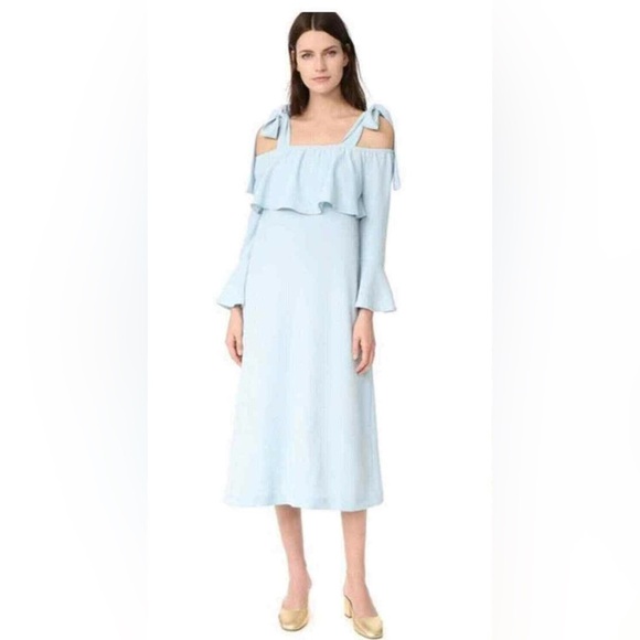 Ganni Women's Cold Shoulder Bow Dress Midi Clark Sterling Blue Size 36 - Picture 1 of 13